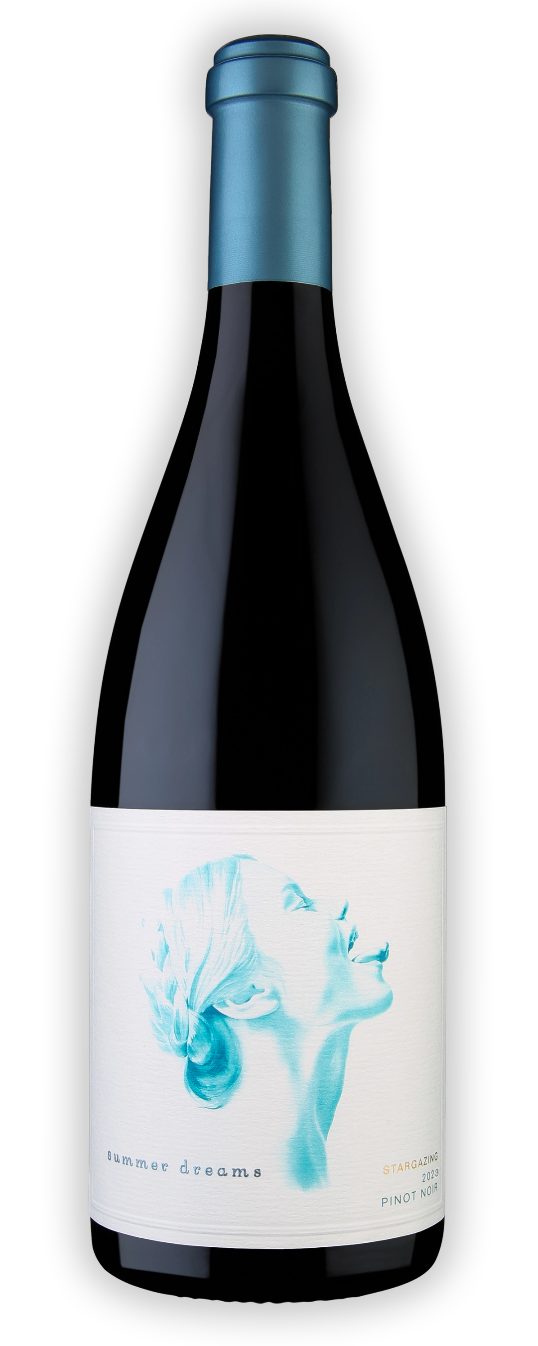 Summer Dreams Pinot Noir 2024 dark bottle, white label with a side profile of a women, turquoise capsule.