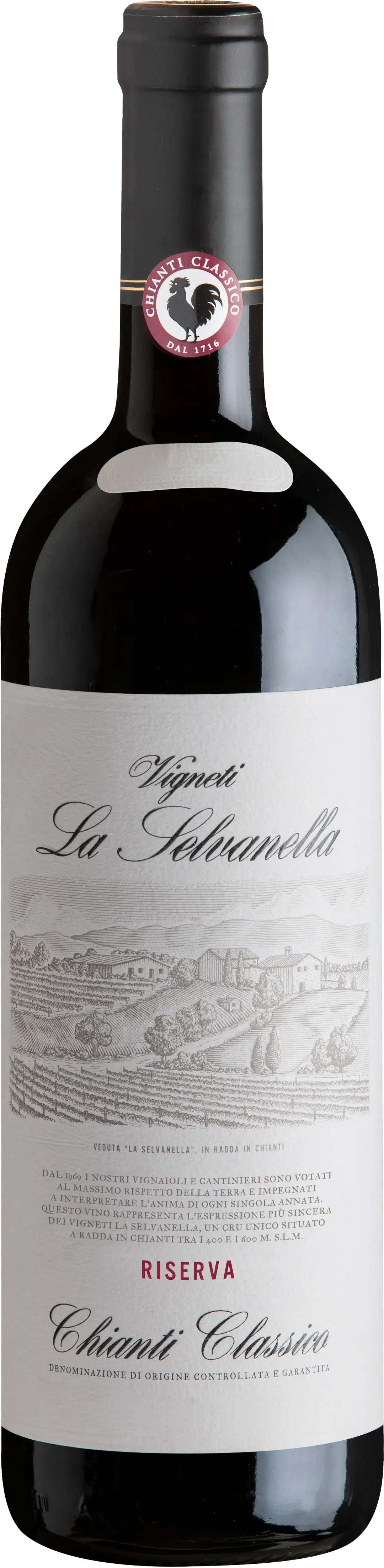 La Sevanella Chianti Classico DOCG redline bottle, dark bottle, white label on a neutral background