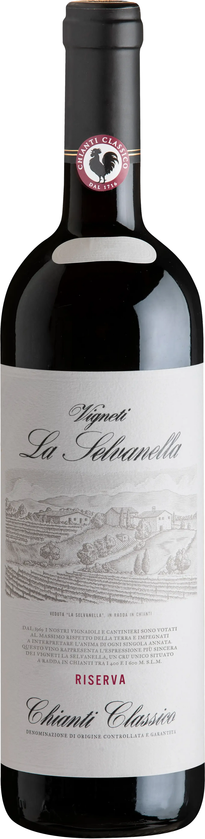 La Sevanella Chianti Classico DOCG redline bottle, dark bottle, white label on a neutral background