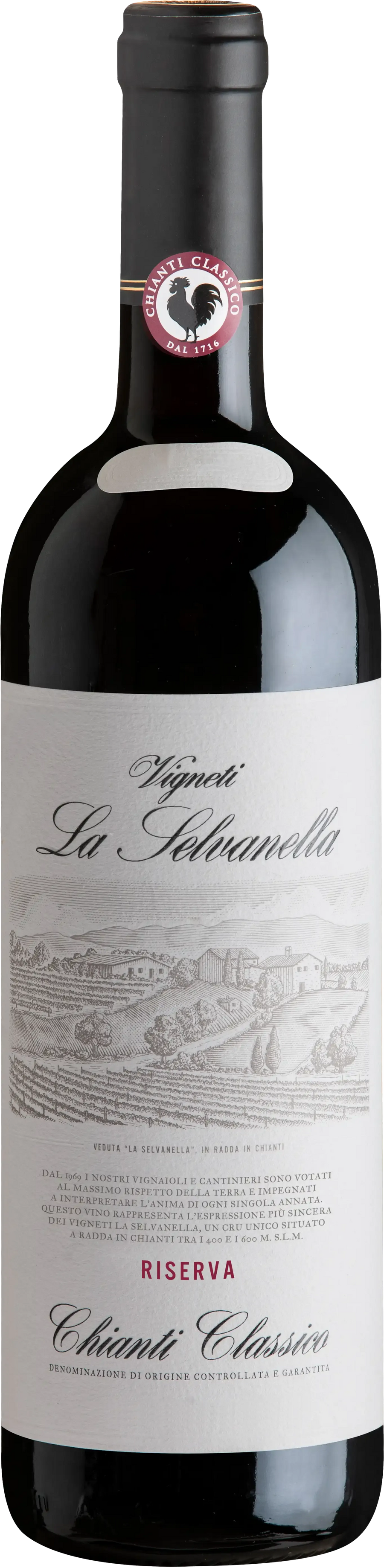 La Sevanella Chianti Classico DOCG redline bottle, dark bottle, white label on a neutral background