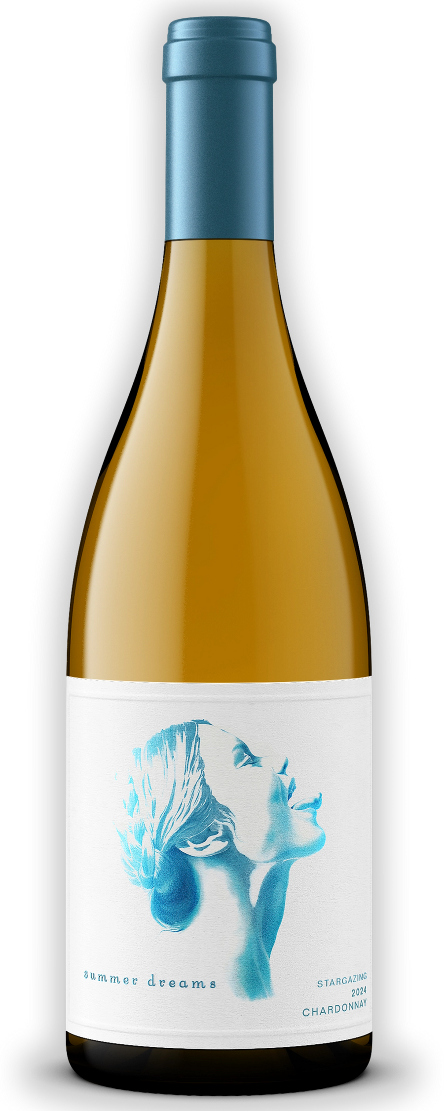 Summer Dreams Stargazing 2024 Chardonnay, gold bottle, white label with a women's side profile, blue capsule. 