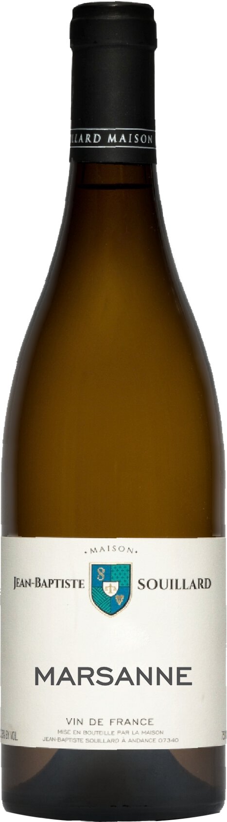 Jean Baptiste Souillard Marsanne 2023 white wine, brown bottle, white label, black capsule, neutral background