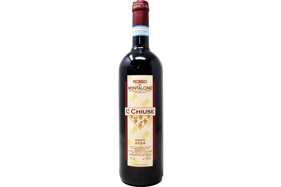 A bottle of Le Chiuse Rosso del Montalcino Sangina 2024 red wine, featuring a dark glass bottle with a cream-colored label and a dark red wax seal, isolated on a white background.