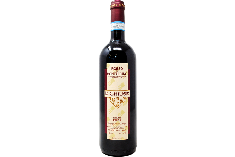 A bottle of Le Chiuse Rosso del Montalcino Sangina 2024 red wine, featuring a dark glass bottle with a cream-colored label and a dark red wax seal, isolated on a white background.