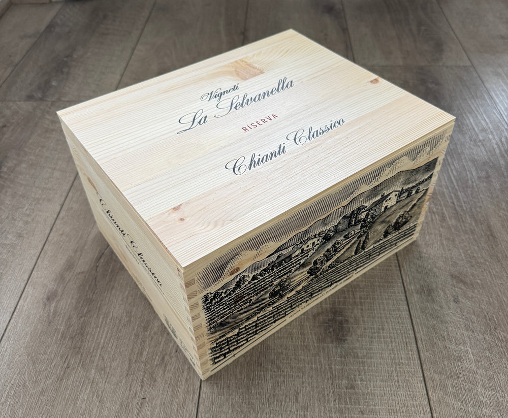 6 pack wooden box of La Selvanella Chianti Classico DOCG red wine, with beautiful etched vineyard site