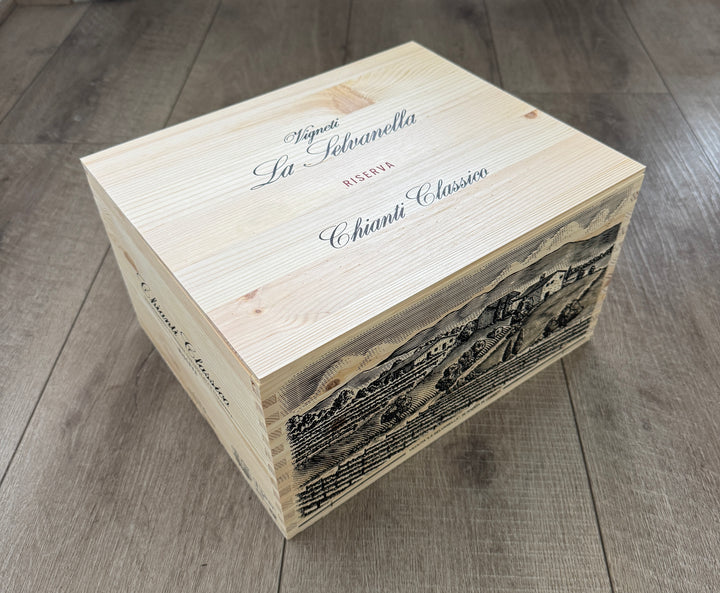 6 pack wooden box of La Selvanella Chianti Classico DOCG red wine, with beautiful etched vineyard site